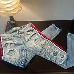 Preme men’s jeans. Ripped Denim with red/white/black stripe.